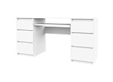 VBChome Schreibtisch 130 x 50 x 76,5 cm Weiß Matt Schreibtisch mit 6 Schubladen Computer-Schreibtisch Bürotisch Computertisch Arbeitstisch PC-Tisch