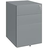 Vinsetto Rollcontainer, mobiler Aktenschrank mit 3 Schubladen, abschließbarer Büroschrank mit Hängeregistratur, Aufbewahrung, Stahl, 39 x 48 x 59 cm Grau