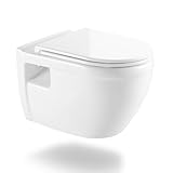 CLEANMAN Spülrandloses Hänge-WC, Wand-Toilette, Hänge-WC aus Keramik mit Slim-WC-Sitz Absenkautomatik, Tiefspül-WC (Weiß, B: 375 H: 345 T: 520 mm)
