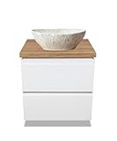 VBChome Badmöbel 60 cm Weiß Aufsatzwaschbecken Sofia Stone Matt 41x35 cm Aufsatzwaschtisch mit Waschbeckenunterschrank 2 Schubladen Moduo Badezimmerschrank
