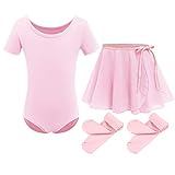 Kinder Mädchen Ballettkleidung Baumwolle Kurzarm Balletttrikot Turnanzug Tanzbody + Chiffon Wickelrock Tütü Rock Tanzkleid + Strumpfhose 3tlg Ballettanzug Rosa 6-7 Jahre