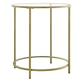 VASAGLE Beistelltisch rund, Kleiner Couchtisch, Glastisch, mit Oberfläche aus Hartglas und Metallgestell, Nachttisch, Sofatisch, Balkon, metallisches Gold-transparent LGT20G