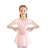 Kinder Ballettkleidung Mädchen Ballettkleid Kurzarm Langarm Balletttrikot Ballettanzug Tanzkleid Tanzbody aus Baumwolle mit Chiffon Rock Tütü (120, Rosa Kurzarm)