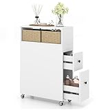 GIANTEX Nischenregal 19cm breit, Badezimmerschrank schmal Badregal auf Rollen, Nischenschrank Nischenwagen mit 2 Schubladen & 2 Weidenkörben, Rollwagen Rollcontainer schmal 19x50x72 cm weiß