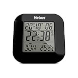 Mebus digitaler Funkwecker mit Thermometer, Datumsanzeige und Beleuchtung, Snooze-Funtion, Material: Kunststoff, Farbe: Schwarz, Modell: 51510, 8 x 8,5 x 1,8 cm