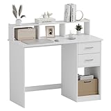 Mondeer Schreibtisch mit Schubladen, Computertisch Klein mit Regal, 105 x 48 x 94cm, Ideal für Büro Heimbüro Arbeitszimmer Wohnzimmer, Weiß