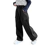 Rolanko Mädchen Cargohose, Baumwoll Baggy Hose mit Elastischer Taille und Mehreren Taschen für Kinder von 6–15 Jahre, Schwarz, Größe: 150