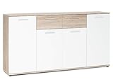 möbelando Sideboard Jacklin in Sonoma Eiche Absetzung weiß - Moderne Kommode mit viel Strauraum für Ihren Wohnbereich - 160 x 85 x 35 cm (B/H/T) Beistellschrank Anrichte Standschrank Highboard