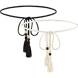 TIESOME 2pcs Damen Taillengürtel, Gewebte Quasten Kettengürtel, Kleidgürtel Gewebte Quaste Gürtel mit Kleidern T-Shirts Langen Hemden Anzügen (schwarz+beige)