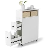 GOPLUS Nischenregal, Nischenschrank mit Rollen, 2 Schubladen & 2 Weidenkörben, Nischenwagen Badezimmerschrank schmal, Toilettenschrank freistehend, 50x19x72 cm