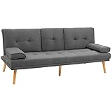 HOMCOM Schlafsofa, 3-Sitzer-Sofa, Bettsofa mit Klappbarem Tisch, Stoffsofa mit Leinenoptik, Schlafcouch mit Becherhalter, im Skandi-Design, bis 250 kg Belastbar, Dunkelgrau