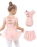 JiAmy Ballettkleidung Mädchen, Ballettkleid Mädchen Ballettanzug, Baumwolle Kurzarm Balletttrikot Turnanzug Tanzbody + Chiffon Wickelrock Tütü Rock Tanzkleid 2tlg für Kinder 3-11Jahre