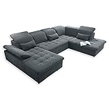 Stella Trading WAYNE Wohnlandschaft in U-Form, Stoffbezug Anthrazit - Ausziehbares Sofa mit Schlaffunktion & Bettkasten - 340 x 81 (104) x 188 (240) cm (B/H/T)