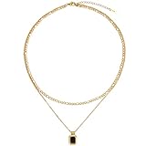 LEGITTA Layered Halskette mit Schwarzer Quadratisch Anhänger Curb Choker Figarokette Edelstahl Geschenk Schmuck für Frauen Mädchen