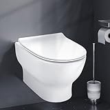 Spülrandloses Wand-WC Hänge WC Toilette mit Soft Close Toilettensitz, Absenkautomatik und Lotus-Effekt, Wassersparend, 49 x 37x 38 cm, Keramik, Weiß, Effiziente Spülung