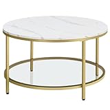 VASAGLE Couchtisch, Wohnzimmertisch, Sofatisch, für Wohnzimmer, mit Glasplatte, viel Stauraum, einfacher Aufbau, moderner Stil, marmorweiß-helles Gold LCT071W59