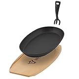 BBQ-Toro Gusseisen Servierpfännchen mit Holzunterlage (1 Stück) | 27 x 18 x 3 cm - oval | Grillpfännchen mit abnehmbarem Griff | Gusseisenpfanne, Paella Pfanne, Gusseisenpfännchen, Gusspfanne