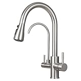 3 Wege Wasserhahn Edelstahl, 360° Drehbar Trinkwasserhahn mit Ausziehbarer Handbrause, 3 in 1 Küchenarmatur Mischbatterie mit Wasserfilter, 2 Griffe