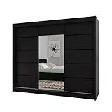 BEAUTY SOFA Monika - Schrank mit Spiegel - Kleiderschrank mit Schiebetüren - Schubladen im Inneren - Garderobenschrank, Mehrzweckschrank, Flurschrank, 200 cm breit - Schrank Schwarz Schwarze Sprossen