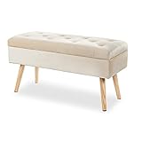 Hawthyhome Gepolstert Sitzbank mit Stauraum, Polsterbank mit samten Aufbewahrungsbox, Fußhocker mit Holzbeine für Flur Wohnzimmer Schlafzimmer 80 × 35 × 43 cm Cream