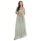 Maya Deluxe Damen Womens Maxi Dress Ladies Ball Gown for Wedding Guest Embellished Tie Waist V Neck Bridesmaid Prom Evening Occasion Kleid, Green Lily,