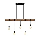 Lindby Esstisch Holz Pendelleuchte, Seillampe, Hängelampe Metall, Holzbalken, Seil, Esszimmer Lampe hängend, Holzlampe 5x E27 max. 60W, ohne Leuchtmittel