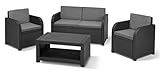 Allibert by Keter Modena Gartenmöbel Set aus Kunststoff, inkl. Sitzkissen, grau, 4-teilig, 2 Sessel, Sofa & Tisch, für Garten, Balkon & Terrasse, Flache Rattanoptik