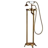 Dual Handles Bathroom Floor Mount Bathtub Filler Freestanding Bathtub Faucet Antique Brass with Hand Shower Rotate Spout,Antique Brass B