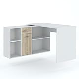 Oggi Ruffi Eckschreibtisch Diego mit Regal B 122 cm H 75 cm 6 Einlegeböden 1 Schublade 1 Tür Schrankraum aus Schichtstoffplatte Finish Gloss White und Sonoma