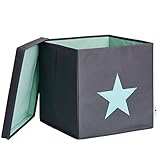 LOVE IT Store IT Aufbewahrungsbox mit Deckel - Kiste für Regal aus Stoff - Quadratisch und extra stabil - Grau mit grünem Stern - 33x33x33 cm