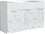 Tesconcept Kommode mit 6 Schubladen 119 cm Weiß Hochglanz, Sideboard Schrank, Mehrzweckschrank Regal Wohnzimmer Schlafzimmer Möbel | 119x77x33cm | Spanplatte Plattenstärke 16mm4