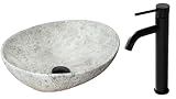 VBChome Waschbecken Stone + Armatur 41 x 35 x 15 cm Kleine Keramik Oval Waschtisch Handwaschbecken Aufsatzwaschbecken Waschschale Gäste WC