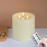 Yeelida 3-Docht 15x15cm große flammenlose LED-Kerzen mit Fernbedienung und Timer-Funktion, Elfenbein batteriebetriebene Säule flackernde Echtwachs-3D-Docht-Kerzen