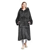 CASOFU Decke mit Ärmeln und Kapuze Hoodie, Damen Herren XXL Kuscheldecke Lang Deckenpullover zum Anziehen Erwachsene Tragbare, Dunkelgrau Wearable Blanket mit Tasche Reissverscluß