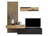 Mirjan24 Wohnwand Rakle, Wohnmöbel, Elegante Wohnzimmer-Set mit dekorative Lamellen, Griffloses Öffnungssystem, Wohnzimmer Kollektion, Stilvolles TV-Lowboard, Wandregal (Schwarz/Artisan Eiche)