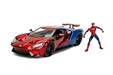 Jada Toys 253225002 Marvel Spiderman 2017 Ford GT, 1:24 Modellauto Figur, aus Zinkdruckguss, öffnende Flügeltüren, inkl. Freilauf, rot/blau