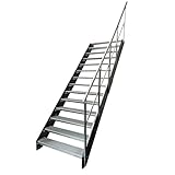 Kaminbau Mierzwa Premium Stahl Treppe mit Geländer rechts verzinkt/Wangen Anthrazit RAL 7016/14 Stufen verzinkt (Breite 1400 mm) (Höhe 266 cm) Wetterfest Gitterroststufe Gartentreppe