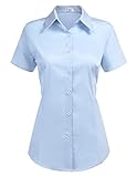 Hotouch Bluse Damen Basic Hemdbluse Kurzarm Shirt Slim Fit Frauen Shirts mit Knöpfen Casual Oberteile Hellblau XL
