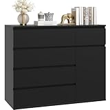 FOREHILL Kommode schwarz mit 5 Schubladen und 1 Tür Sideboard 100cm Komodenschrank für Schlafzimmer, Wohnzimmer, Arbeitszimmer, Flur Schubladenschrank 100x40x80cm