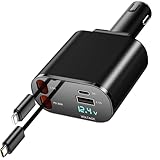 COCIVIVRE Aufrollbares Autoladegerät, 4 in 1 USB C Schnelles Autoladegerät 60W, Aufrollbare Kabel (2.6Ft) und 2 USB Ports Autoladegerät Adapter, Kompatibel mit iPhone 15/14/13/12/Pro Max/Plus/Pro.