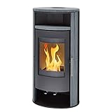 H&M Kaminofen Basic 2.0 gussgrau Naturstein 7kw Holzkamin modern runde Sichtscheibe langlebig Tür und Feuerraumboden aus Guss Speicherverkleidung Mehrfachbelegung