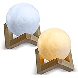 Eaxus® 3D Mondlampe schwebend - Touch LED Nachtlicht Mond/Nachttischlampe mit 3 Farbmodi & Akku, Gestell aus Holz, Weiß