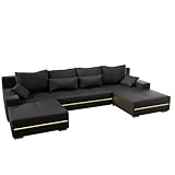 Juskys Sofa Malbun mit Schlaffunktion - Wohnlandschaft mit Bettkasten & LED - Stoff Bezug Schlafsofa Wohnzimmer U Form Couch Beleuchtung - Dunkelgrau