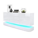 Vladon Sideboard City, Made in Germany, Weiß matt/Weiß Hochglanz inkl. LED - Moderne Kommode für Ihr Wohnbereich (178 x 72 x 38 cm)