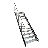 Kaminbau Mierzwa Premium Stahl Treppe mit Geländer links verzinkt/Wangen Anthrazit RAL 7016/14 Stufen verzinkt (Breite 800 mm) (Höhe 266 cm) Wetterfest Gitterroststufe Gartentreppe