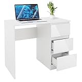 ML-Design Schreibtisch mit 3 Schubladen, 90x76x50 cm, Weiß, Schubladenfronten in Hochglanz, viel Stauraum, Arbeitstisch Bürotisch Computertisch Büromöbel Laptoptisch PC Tisch, für Heim und Büro