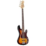 J & D E-Bass, Bass Gitarre mit 4 Saiten und Linde Korpus, JB Bass mit Split-Coil Tonabnehmer und Single Coil, passive Elektronik, 3-Tone Sunburst