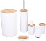 alpina Badezimmer Set - Bambus Bad Zubehörset - Toilettenzubehörset mit Lotionspender, Mülleimer, Zahnbürstenhalter, Zahnputzbecher, Toilettenbürste und Seifenschale - 6-Teilig