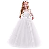 OBEEII Prinzessin Kleid Mädchen Abendkleid für Hochzeit Brautjungfer Blumenmädchen Geburtstag Party Jugendweihe Fasching Cocktail Dance Ballkleid Weiß 11-12 Jahre