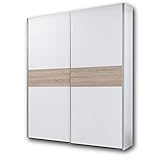 PULS Eleganter Kleiderschrank mit viel Stauraum - Vielseitiger Schwebetürenschrank in Weiß, Bauchbinde Eiche Sonoma - 170 x 195 x 58 cm (B/H/T)